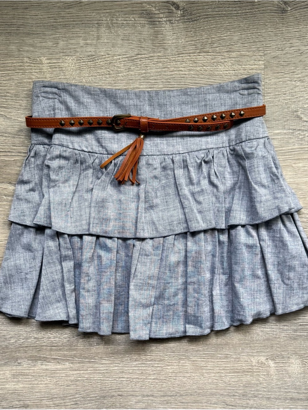 Wet Seal Women’s XS Light Blue Tiered Ruffle Skirt Brown Tasseled Belt NWOT